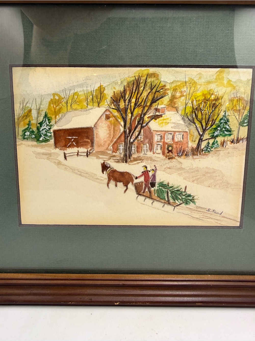 Signed S. Sand Winter Farmhouse Watercolor Print with Green Mat frame